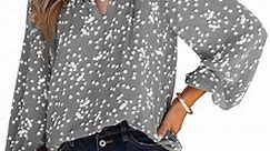EVALESS Blouses for Women Spring Long Sleeve V Neck Tunic Tops Casual Boho Floral Printed Chiffon Shirts Gray L