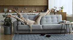 Mature woman in high heeled shoes getting home couch, throwing footwear away, lying, rising legs up on sofa back, stretching body, smiling, breathing with relief