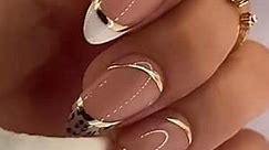 24pcs French Tip Press on Nails Almond Leopard Print Fake Nails Medium Length Coffin False Nails Glossy Gold Line Full Cover Glue on Nails White Brown Tip Reusable Acrylic Nails for Women Girls
