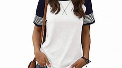 TEMOFON Summer Short Sleeve Tops for Women Color Block Casual Tunic Crew Neck Cute Striped T Shirts White Tees