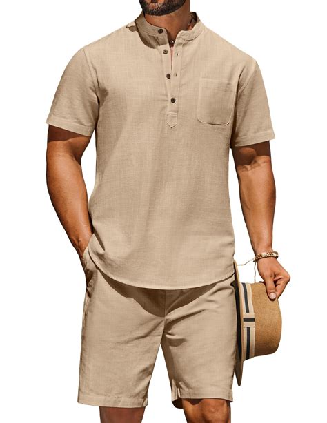 COOFANDY Men's Linen Suit 2 Piece Casual Short Sleeve Henley Shirts ...