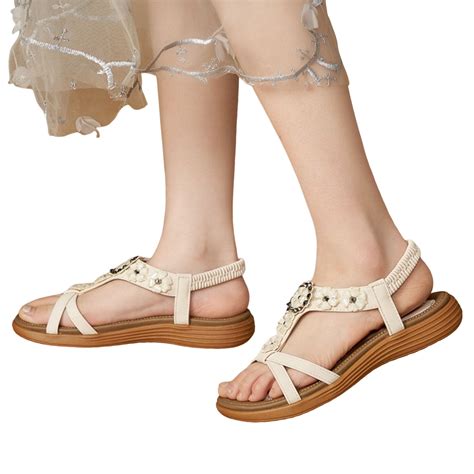 Beach Sandals for Women Bohemian Beaded T-Strap Flip Flops Elastic ...