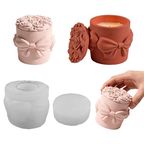 Bowknot Rose Embossed Resin Jar Molds Cup Silicone Mould with Lid for ...