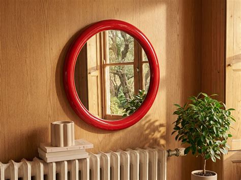 Espejo mural redondo de madera de paulonia, D.60 cm, Rojo brillante, MAELO