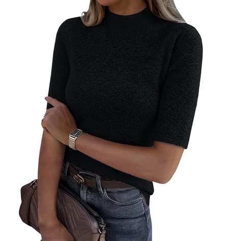 Women’s Short Sleeve Mock Neck Knit Top Ribbed Pullover Sweater Soft ...