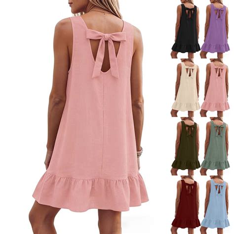 Antinious Ladies Sleeveless Round Neck Knee High Back Strap Loose Summer Casual Dresses ...