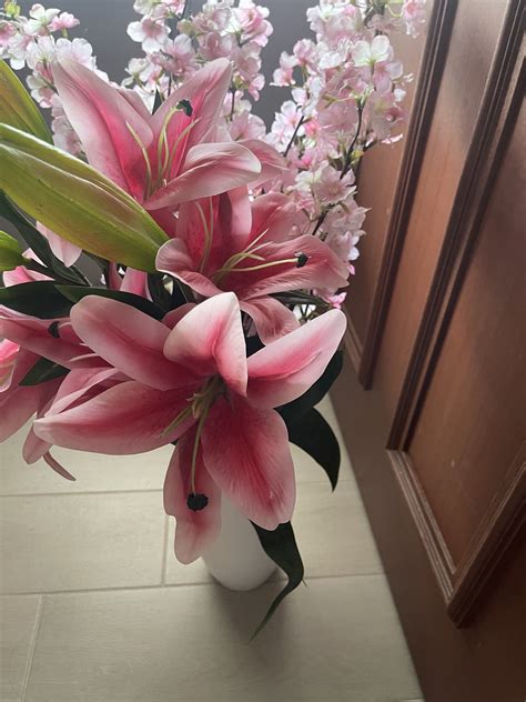 Artificial Pink Lily and Cherry Blossom Arrangement, Furniture & Home ...