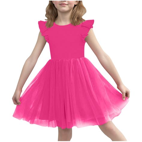 Girls Hot Pink Tulle Dress Ruffle Sleeve Stretchy Fit Flowy Birthday ...