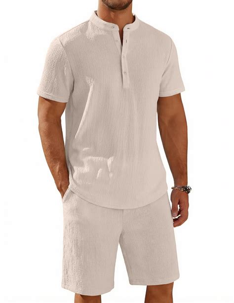 COOFANDY Men' 2 Piece Beach Outfits Casual Textured Henley Set Summer ...