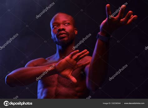 Portrait Black Guy Naked Torso Dark Background Red Light Raising Stock ...
