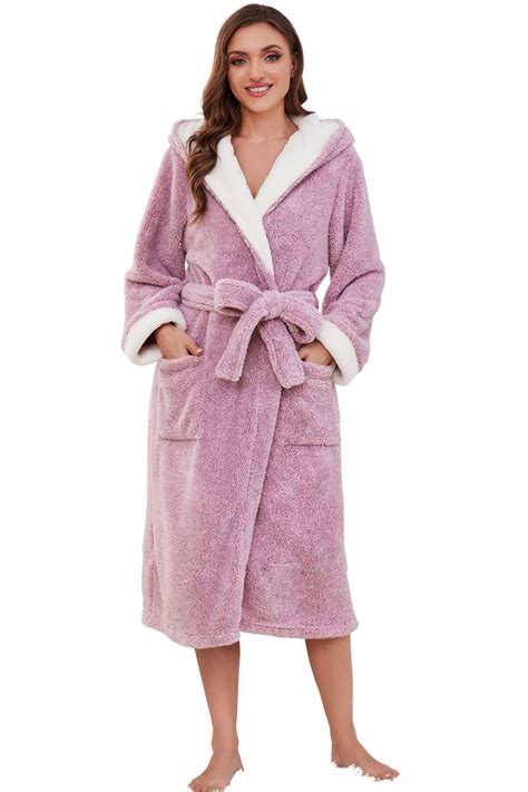 HEARTNICE Womens Fleece Robes, Hooded Warm Long Bathrobe Fluffy ...