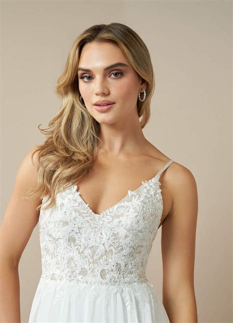 Azazie Gala Diamond White Nude A-Line Lace Chiffon Dress | Azazie CA