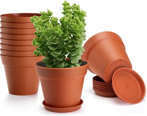 10 Pack Plastic Plant Pots with Drainage Holes and Tray, 5 inch ...