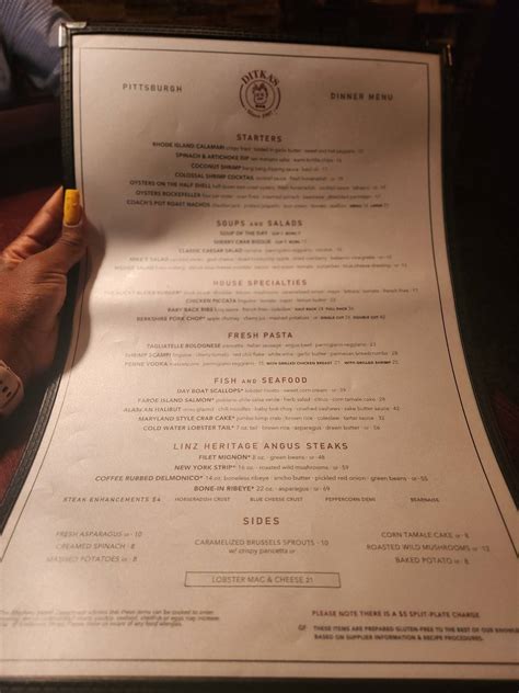 Menu at Ditka's steakhouse, Pittsburgh