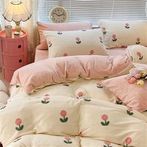 Fresh Pink Tulip Coral Velvet Duvet Cover Set,Winter Warm Cute Girlish ...