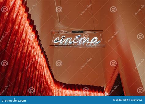 Cinema Retro Neon Light Sign before Entrance To Hall. Picture Theater ...