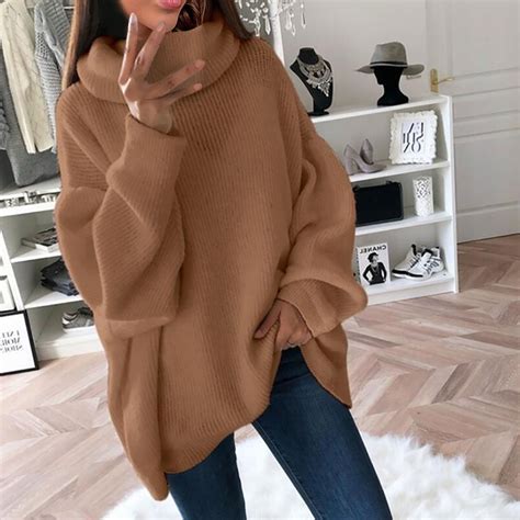 Homenesgenics Womens Sweaters Plus Size Solid Color Turtleneck Knit ...