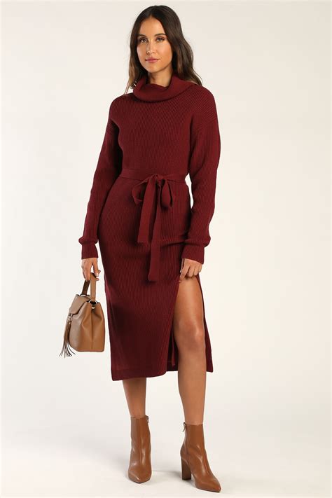 Burgundy Midi Sweater Dress - Midi Knit Dress - Turtleneck Dress - Lulus