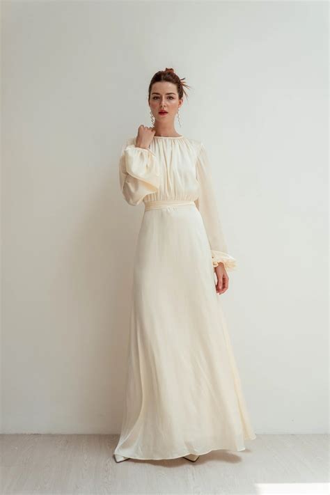 Brinley Floor Length Dress / Satin Wedding Dress / Long Sleeves Dress ...