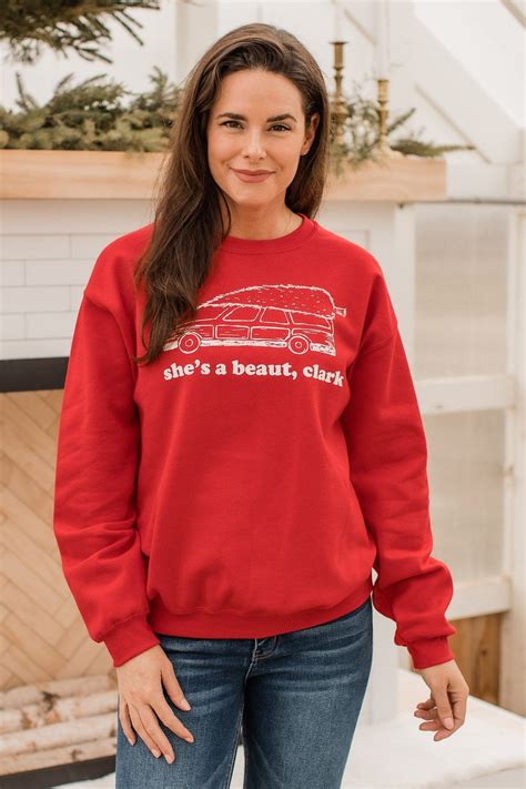 "She's A Beaut, Clark" Graphic Pullover- Red - The Pulse Boutique