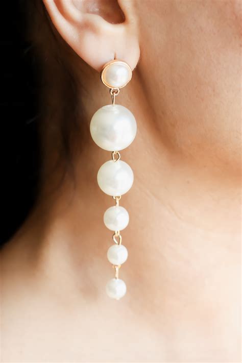 Long Pearl Drop Statement Earrings- White | Long pearl earrings, Faux ...