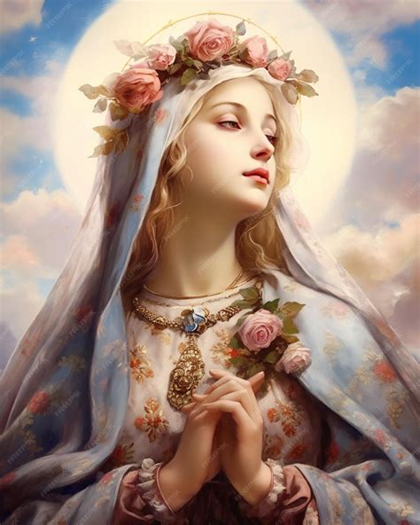 Una pintura de una virgen maría con flores en la cabeza. | Foto Premium