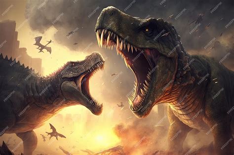 Premium Photo | Dinosaur battle scene between two dinosaurs