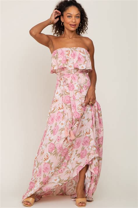 Light Pink Floral Strapless Ruffle Front Maxi Dress – PinkBlush
