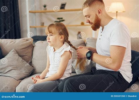Man Braids the Braids. Father with His Little Daughter is at Home ...