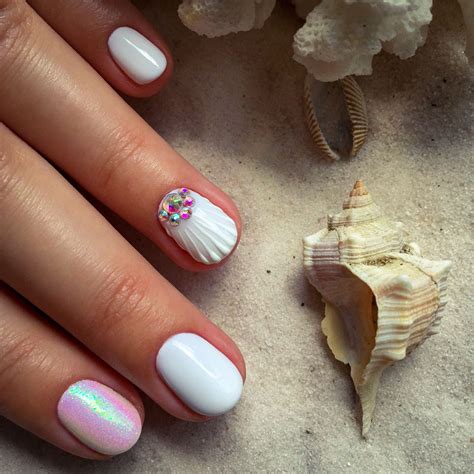 Mermaid Manicures: Pink & White Acrylic Nails with Bedazzled Shell ...