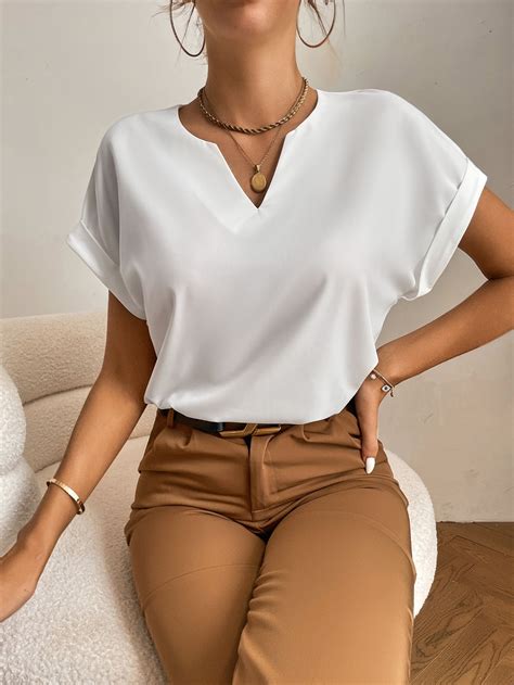 SHEIN Tall Notched Neck Batwing Sleeve Popover Blouse | Women blouses ...