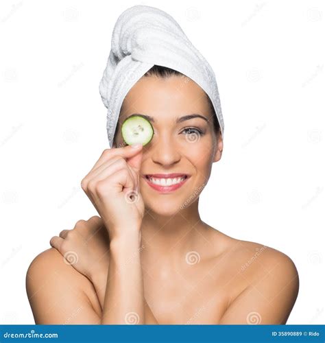 Beauty Portrait of Beautiful Woman Holding Slice of Cucumber Over Eye ...