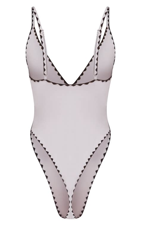 White Whip Stitch Plunge High Leg Swimsuit | Swimwear ...