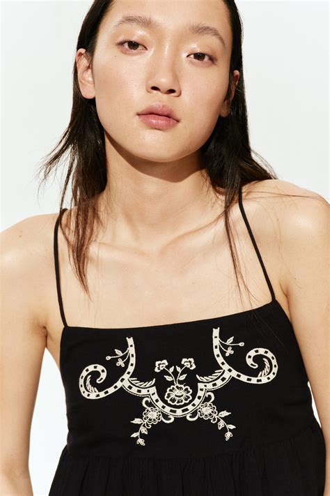 Cotton strappy dress - Black/Flowers - Ladies | H&M IE