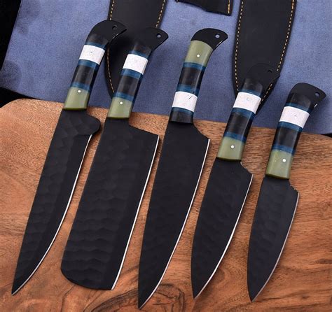 Professional D2 Steel Chef Knives with Black Coating and Leather Roll ...