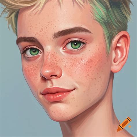 Person with pale skin, freckles, and green eyes on Craiyon