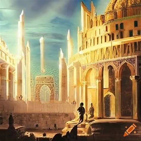 Glorious depiction of golden New Jerusalem descending on clouds with ...