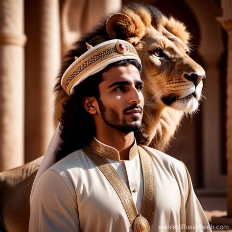 Saudi Man and Lion in Arabic Attire | Stable Diffusion Online