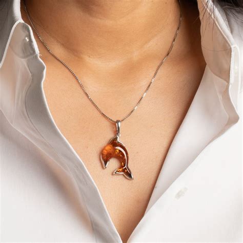 Baltic Amber Dolphin Pendant Necklace Sterling Silver