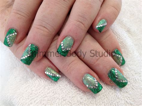 Gel nails, glitter nails, green nails, light green and dark green ...
