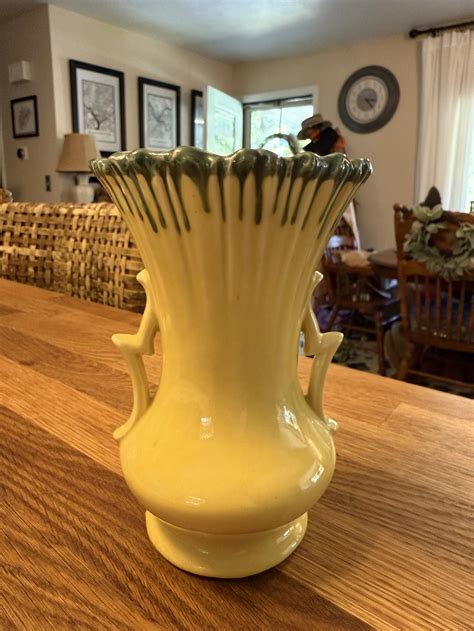 McCoy Pottery RIPPLEWARE Vase Green And Yellow Drip 7" Mid Century ...