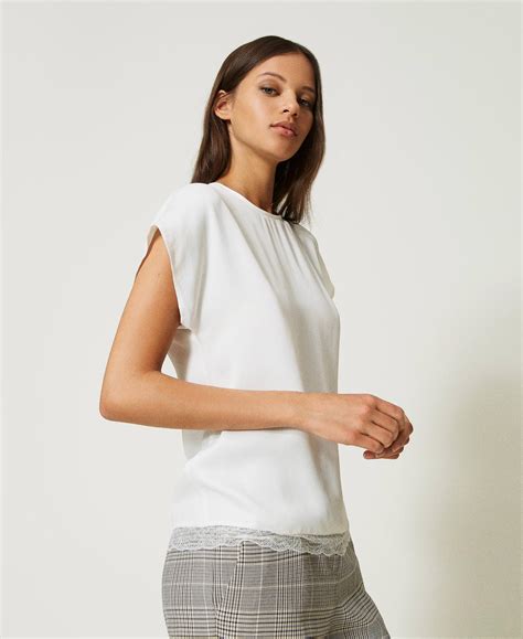 Blusa in raso con pizzo Donna, Bianco | TWINSET Milano
