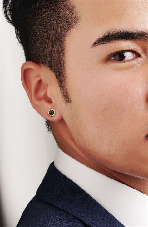 DELMAR Men's Two-Tone Sterling Silver Black Diamond Round Stud Earrings ...