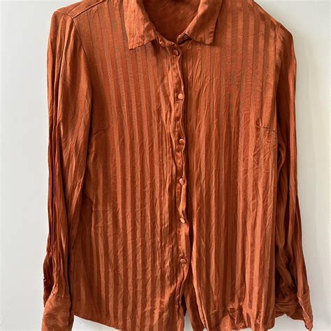 UK 6 orange striped shirt, worn a few times in great... - Depop