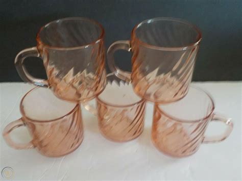 ARCOROC FRANCE SET OF 5 Glass COFFEE MUGS ROSALINE PINK SWIRL Holds 8 ...
