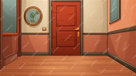 A cartoon illustration of a room with a door and a plant on the wall ...