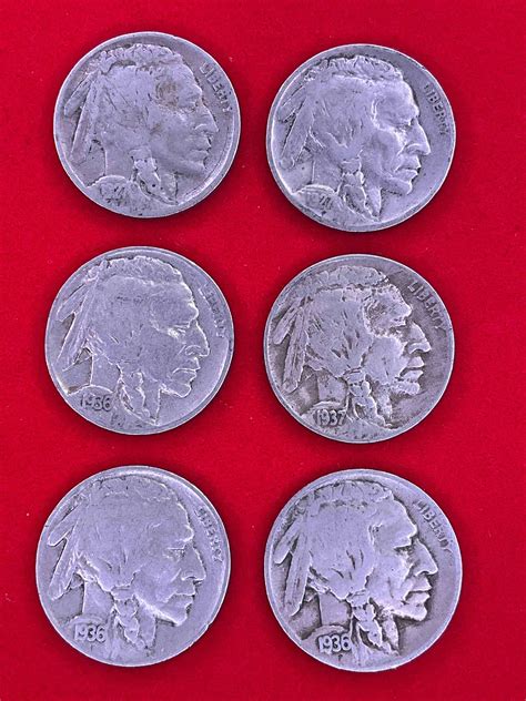 Historic Buffalo Nickels, Date On! Six Indian Head Buffalo Nickels With ...