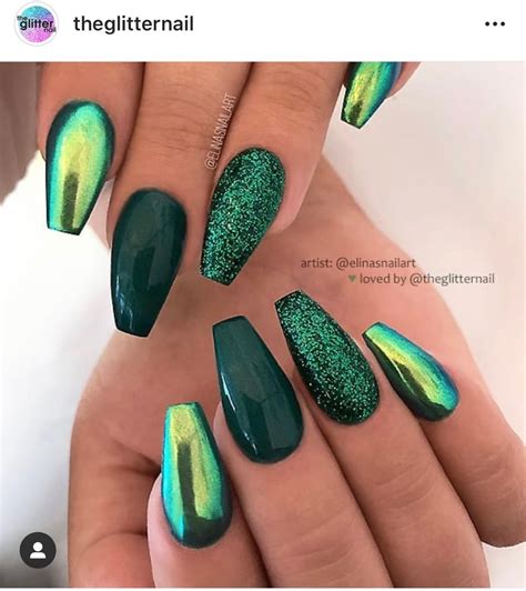 💚 Dark Green with Chrome Effect and Glitter on Coffin Nails 💚 | Green ...