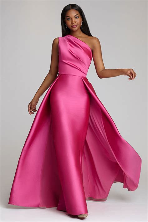One Shoulder Stretch Gazar Gown | Teri Jon | Pink evening gowns ...