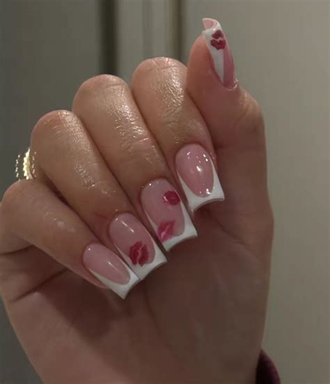 White french tip with kiss designs. Valentine’s day | Girly acrylic ...